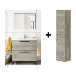 Mobile Bagno Con Lavabo Specchio E Colonna Athena 80 Cm Rovere Alaska