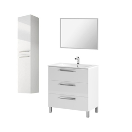 Mobile Bagno 80 Cm + Lavabo Specchio E Colonna Bianco Athena 3 Cassetti