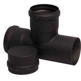 Raccordo a T nero in ghisa Ø 80 mm per stufa a pellet con tappo di condensa
