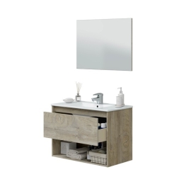 Mobile bagno sospeso 80 cm 1 cassetto e vano aperto con lavabo e specchio