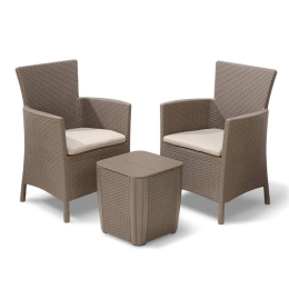 Salotto da esterni 1 tavolino + 2 poltrone con cuscini Iowa Balcony Cappuccino Rattan