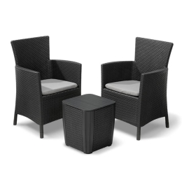 Salotto da esterni 1 tavolino + 2 poltrone con cuscini Iowa Balcony Graphite Rattan