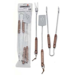 Set 3 Utensili Acciaio Inox E Legno 55 Cm Per Grigliare Con Barbecue