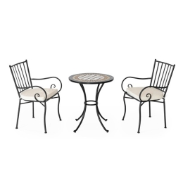 Set Tavolo Mosaico 60 Cm Con 2 Sedie Con Braccioli E Cuscini Beige