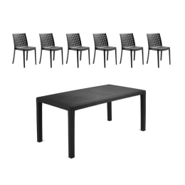 Tavolo Con 6 Sedie In Resina Per Esterni Set Completo Nero 140x80 Cm