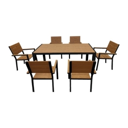 Set Da Pranzo Tavolo + 6 Sedie Alluminio Antracite Effetto Legno Teak