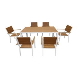 Set Da Pranzo Tavolo + 6 Sedie Alluminio Bianco Effetto Legno Teak