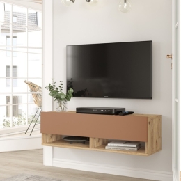 Mobile Tv Sospeso 100x32x30 Rovere E Rosso Frame 2 Vani