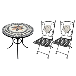 Set tavolo rotondo 60 cm in mosaico Capri + 2 sedie pieghevoli in ferro