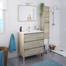 Mobile Bagno 3 Cassetti 80 Cm Con Lavabo E Specchio E Colonna Dakota Rovere Alaska