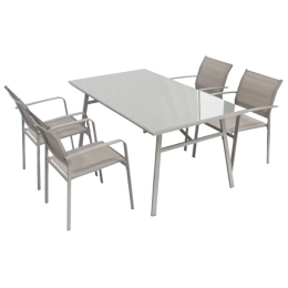 Set Da Pranzo Per Esterno Tavolo Con Sedie In Acciaio E Vetro Marrone